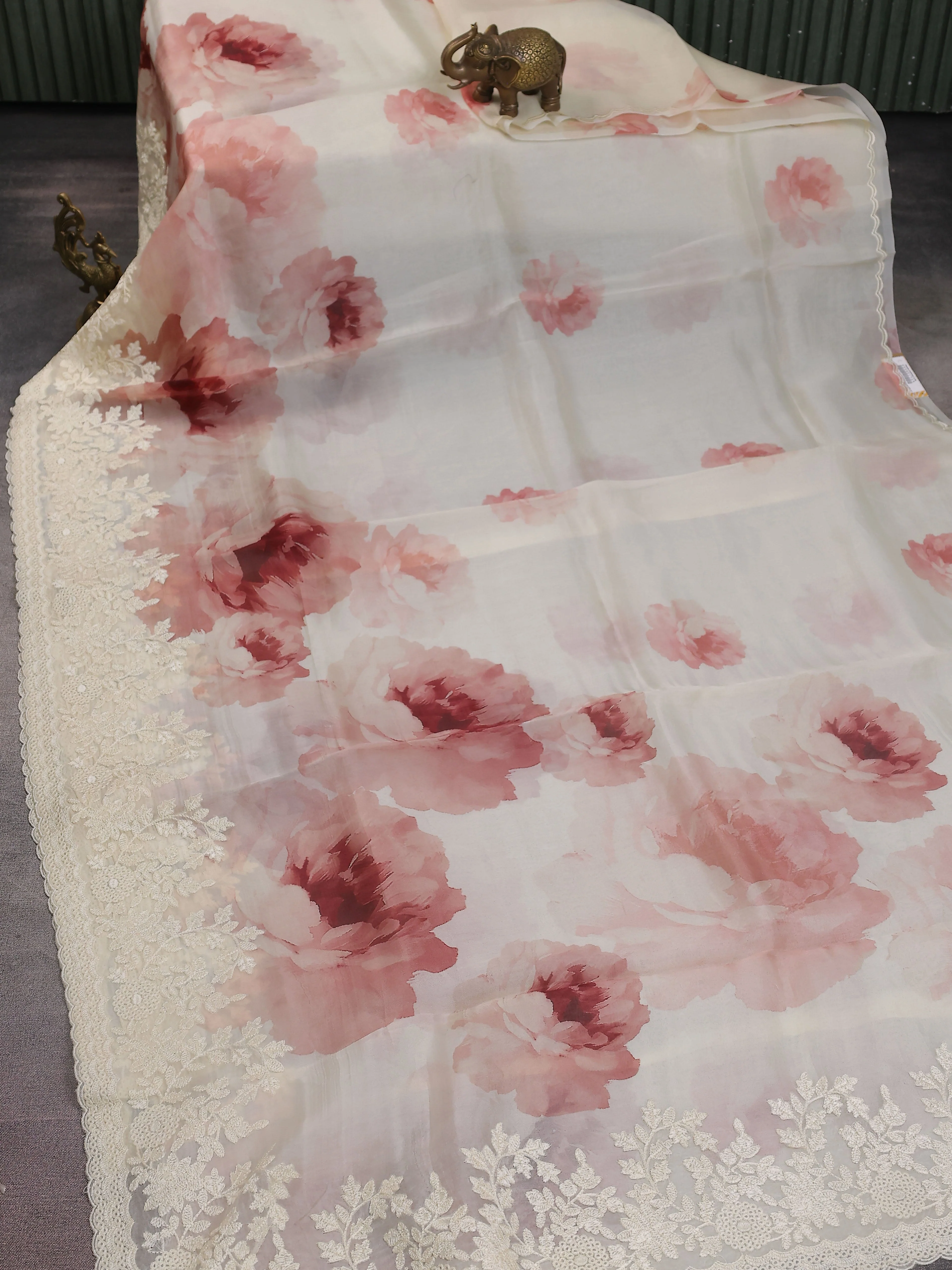 Cream Organza Silk Saree - Image 2