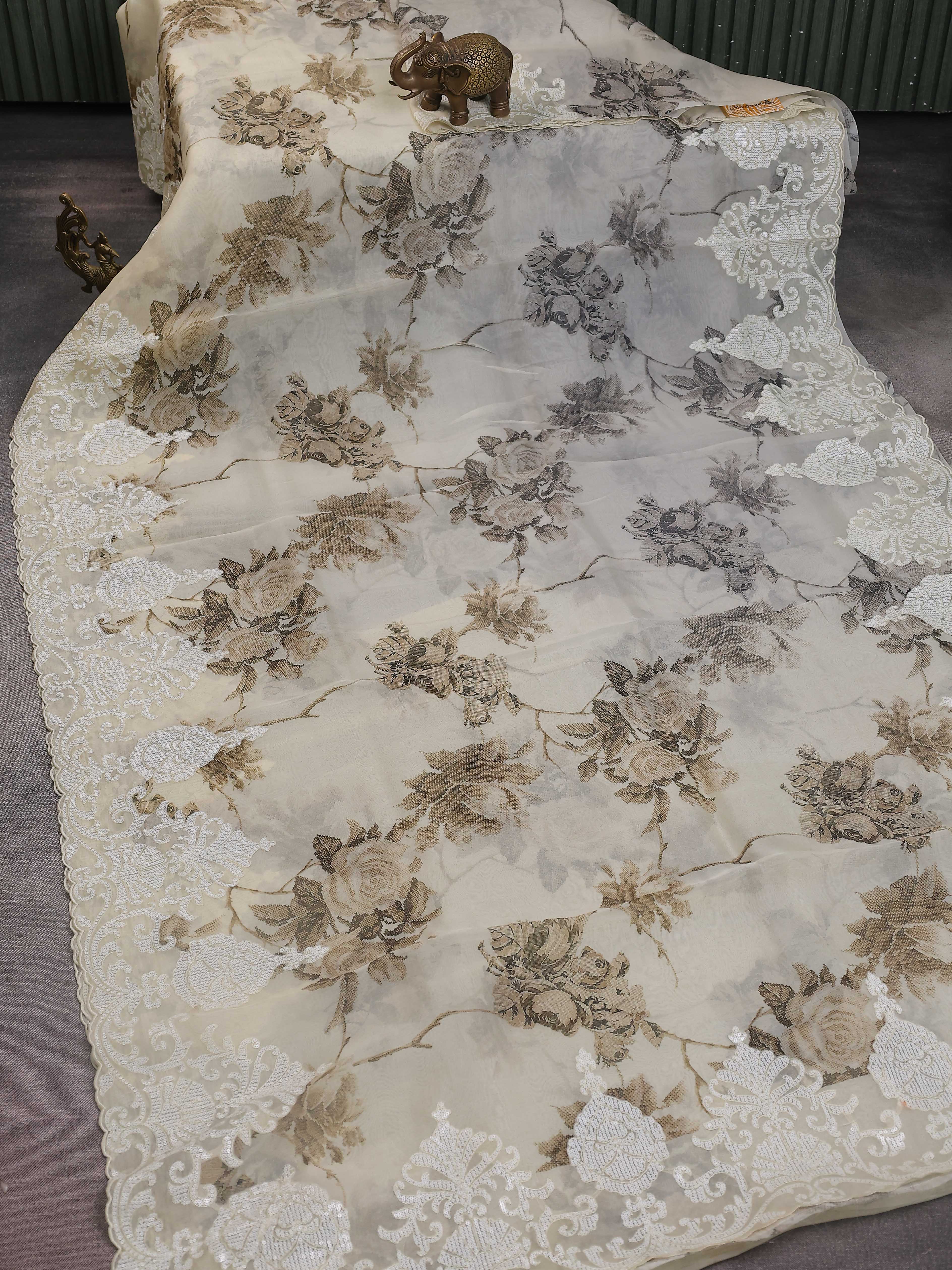 Cream Organza Silk Saree - Image 2