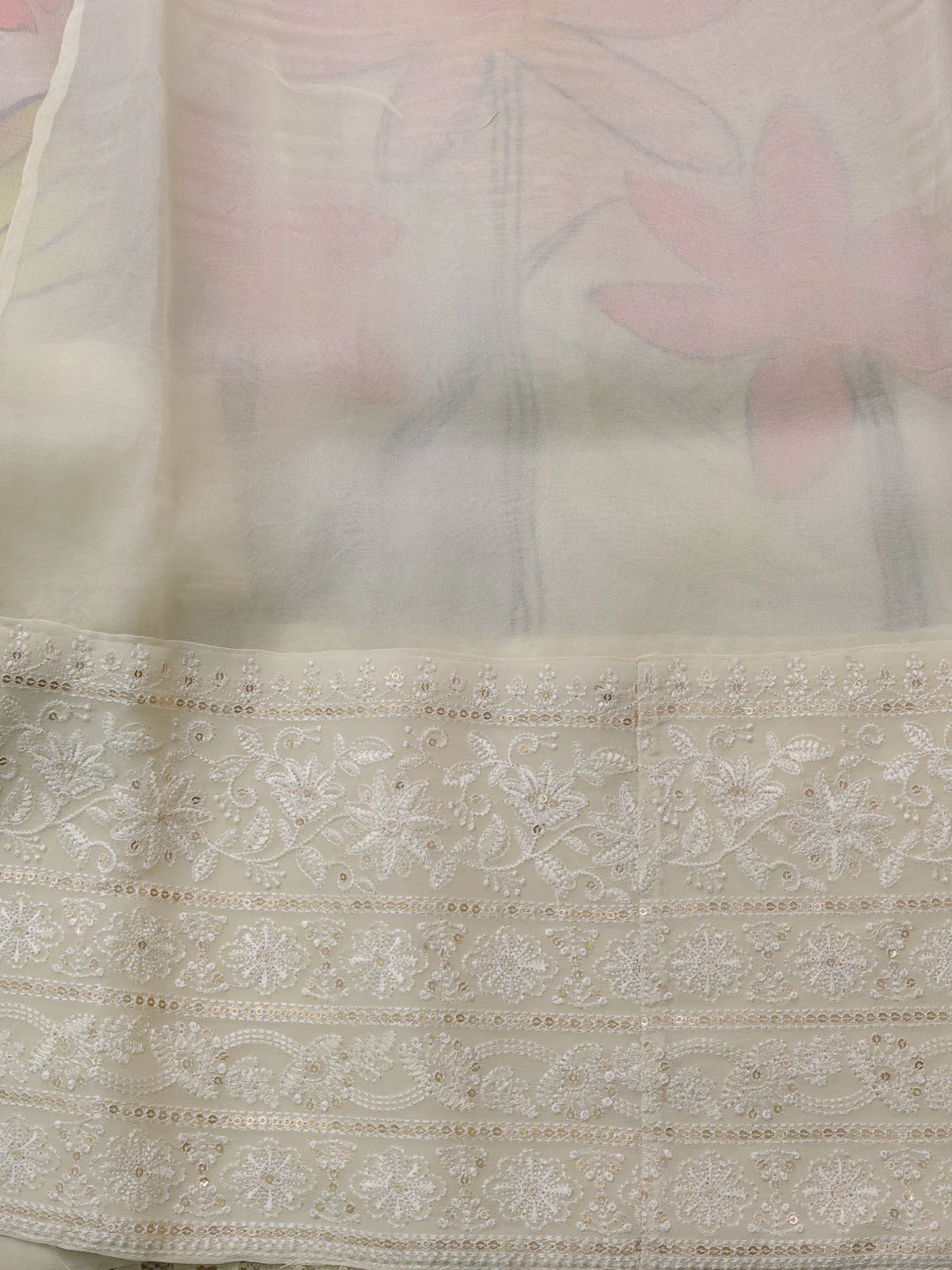 Cream Organza Silk Saree With Digital Prints & Embroidery Sequin Work Border - Image 4