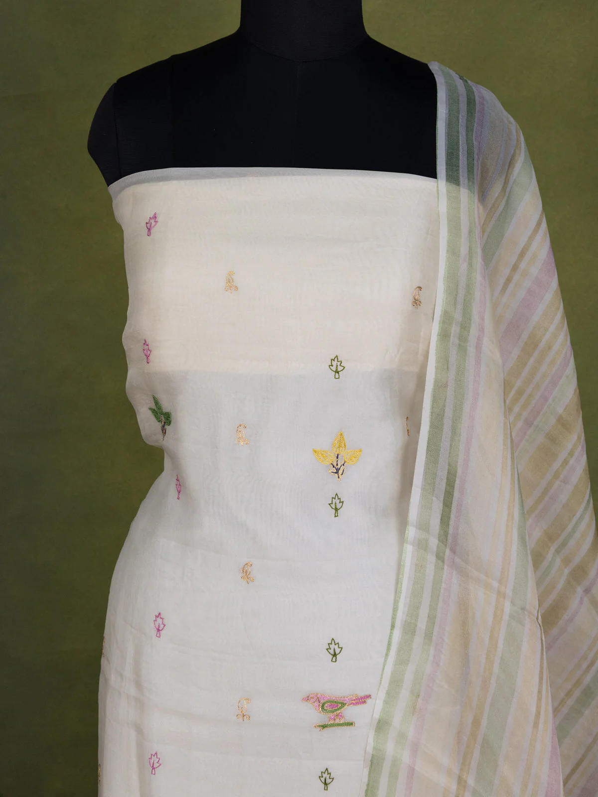 Cream Organza Unstitched Suit - Image 3
