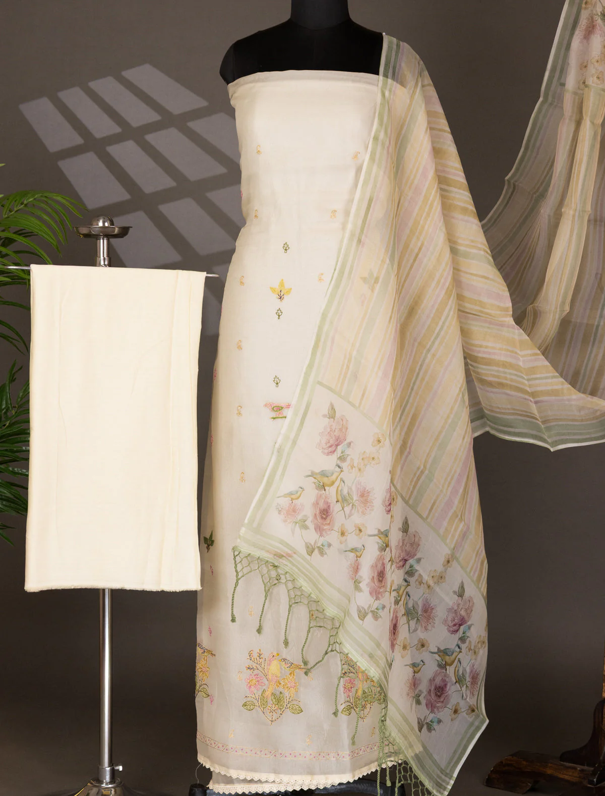 Cream Organza Unstitched Suit - Image 5