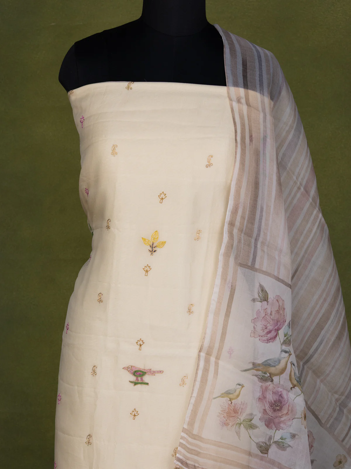 Cream Organza Unstitched Suit - Image 3