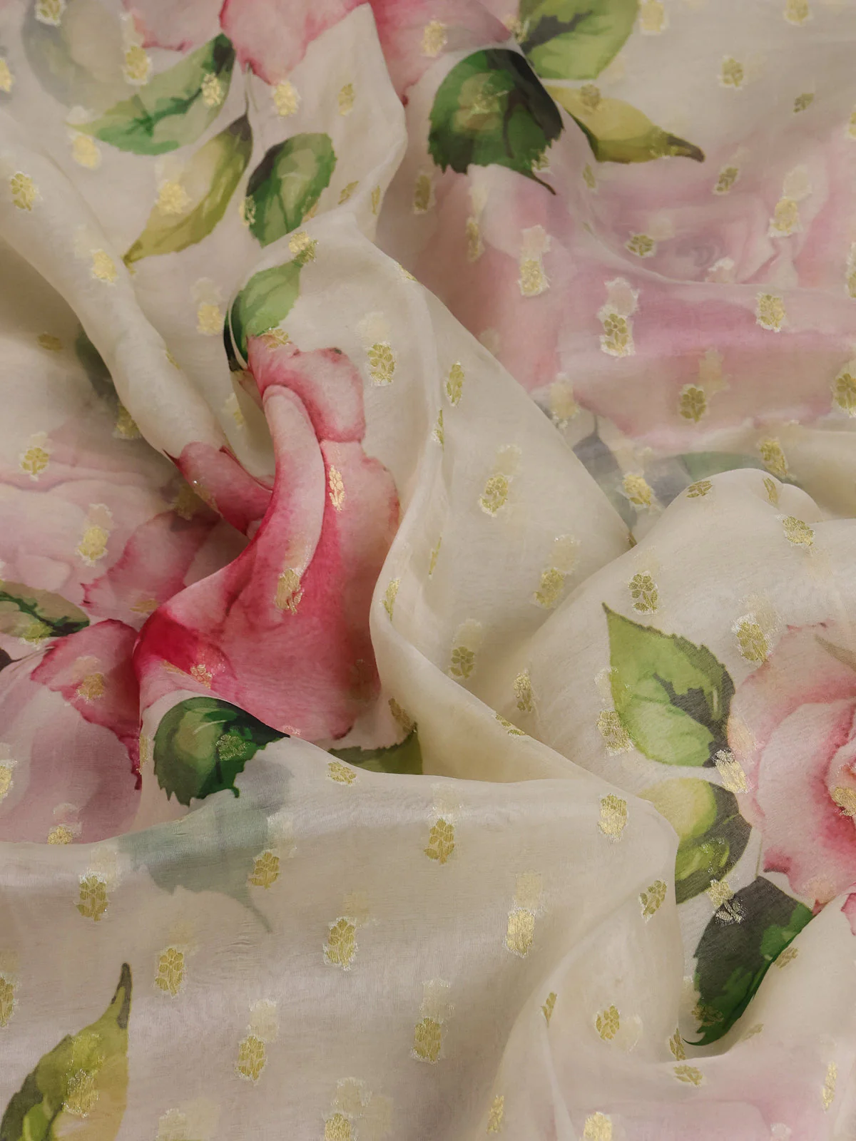 Cream Organza With Zari Weave Embroidery Patch Border - Image 3