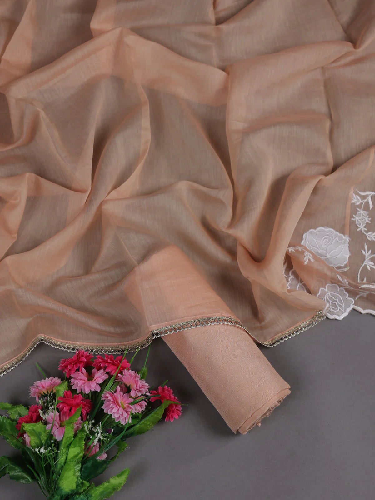 Cream - Pale Orange Mul Chanderi Unstitched Suit - Image 2
