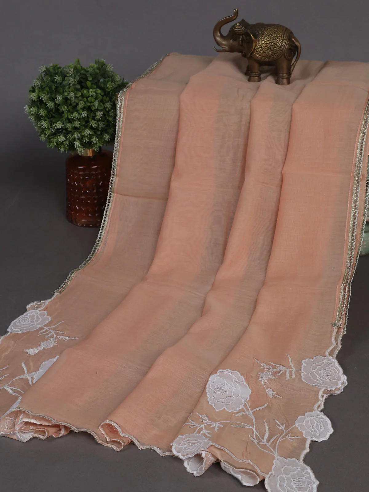 Cream - Pale Orange Mul Chanderi Unstitched Suit - Image 3