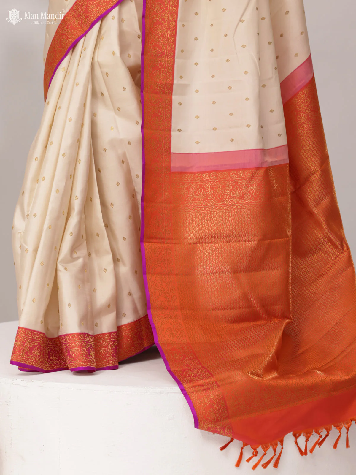 Cream - Pinkish Orange Kanchipuram Silk Saree - Image 2