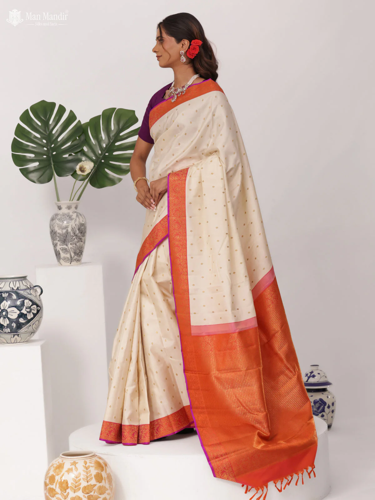 Cream - Pinkish Orange Kanchipuram Silk Saree - Image 3