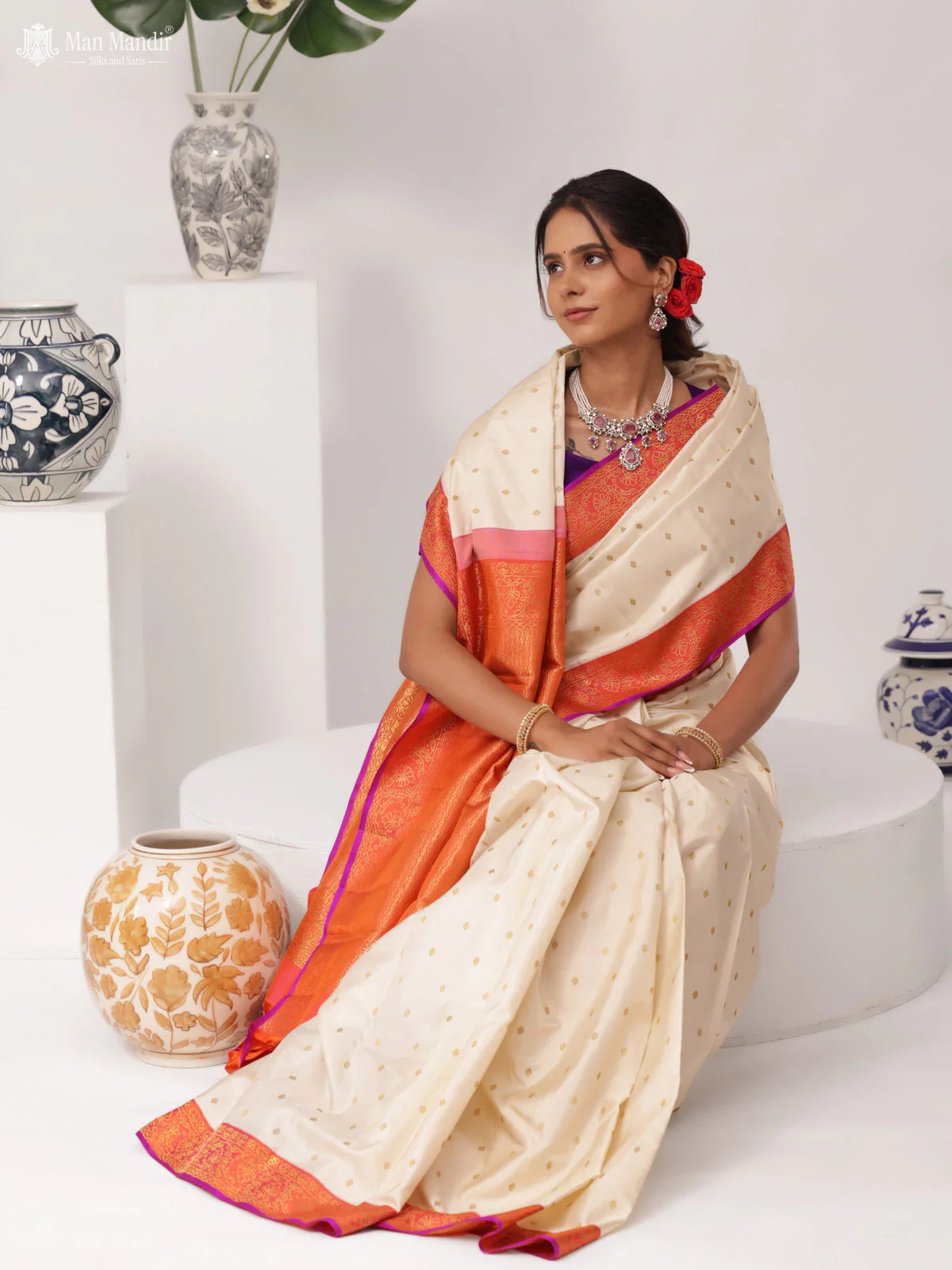 Cream - Pinkish Orange Kanchipuram Silk Saree - Image 4