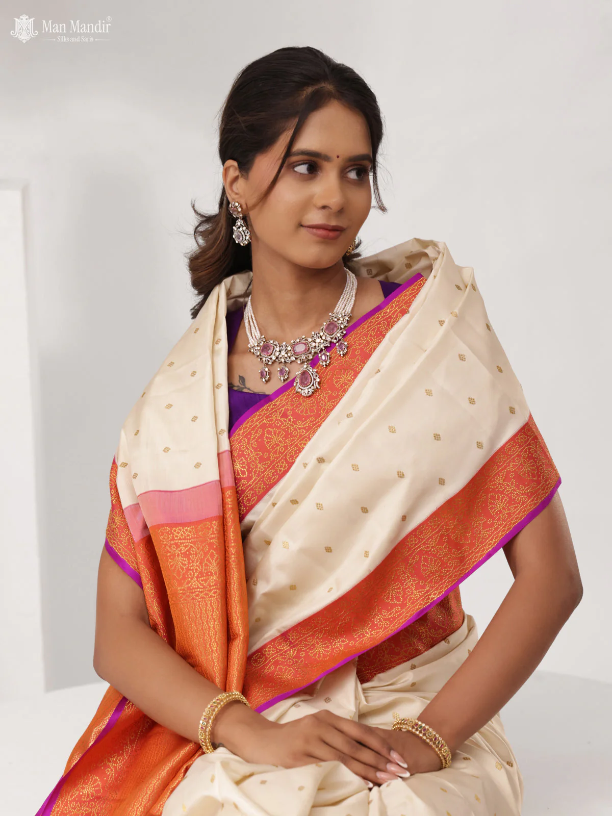 Cream - Pinkish Orange Kanchipuram Silk Saree - Image 5