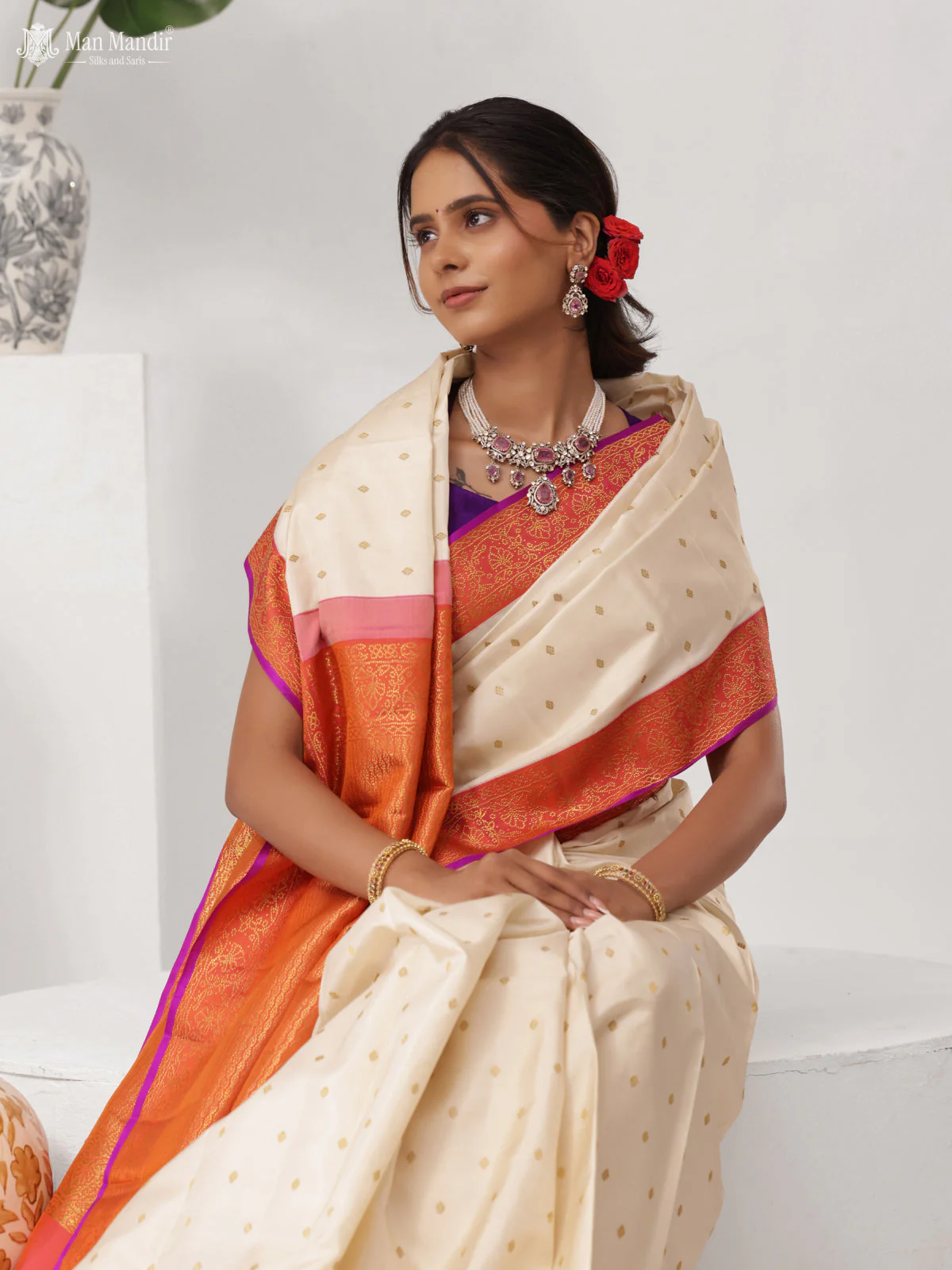 Cream - Pinkish Orange Kanchipuram Silk Saree - Image 6