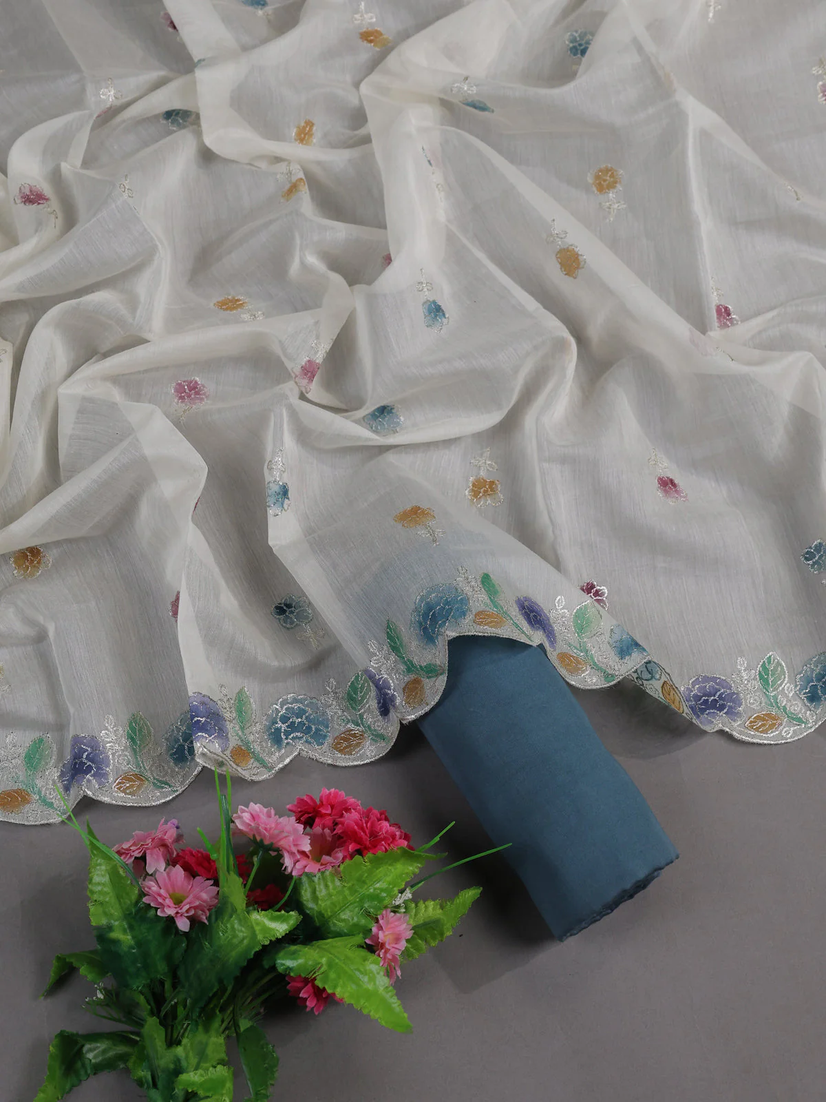 Cream - Teal Mul Chanderi Semi Stitched Suit - Image 2