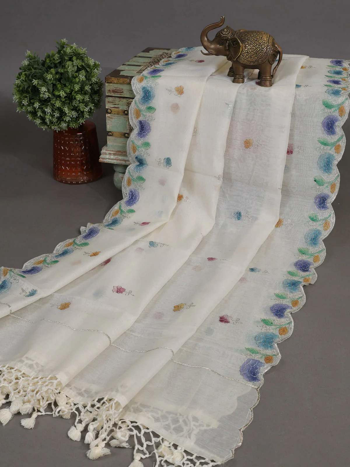 Cream - Teal Mul Chanderi Semi Stitched Suit - Image 3