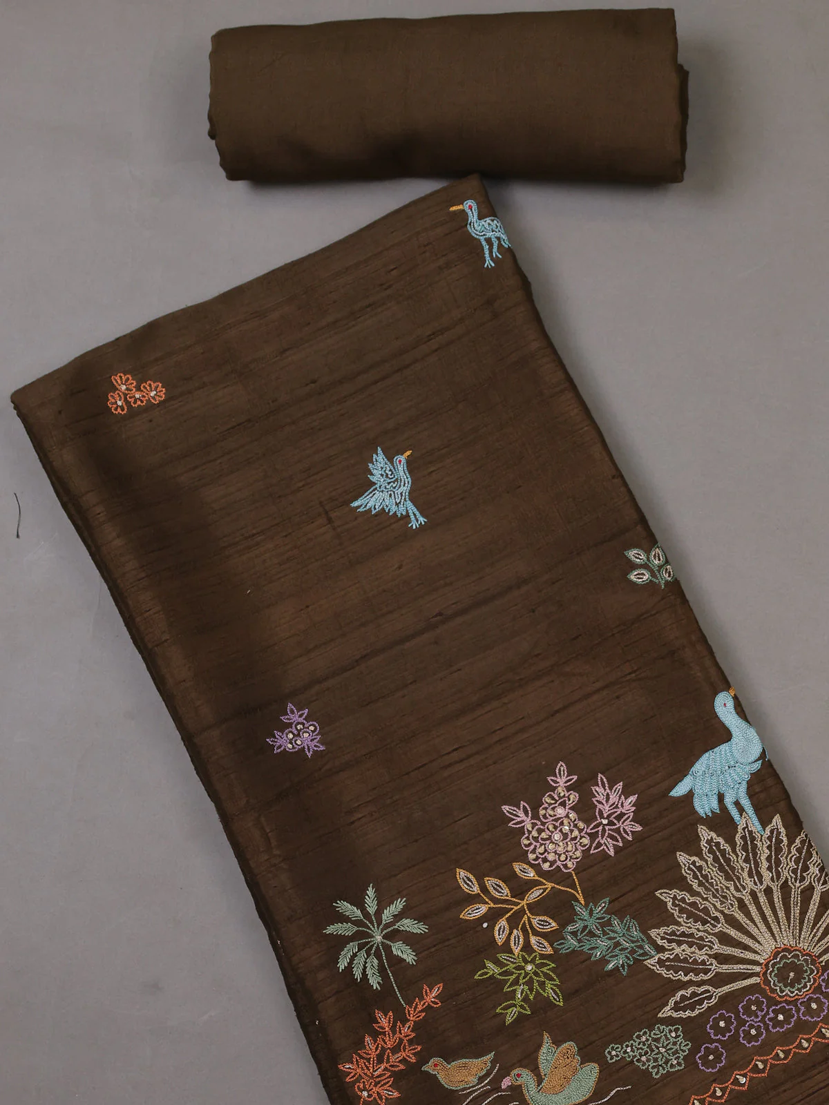 Dark Brown Tussar Silk Unstitched Suit - Image 2