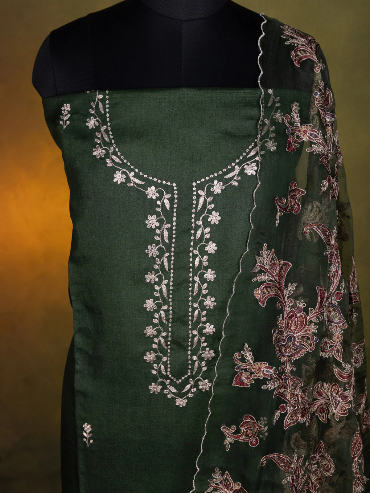 Dark Green Tussar Unstitched Suit - Image 3