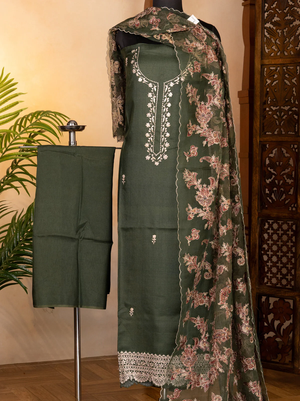Dark Green Tussar Unstitched Suit - Image 5