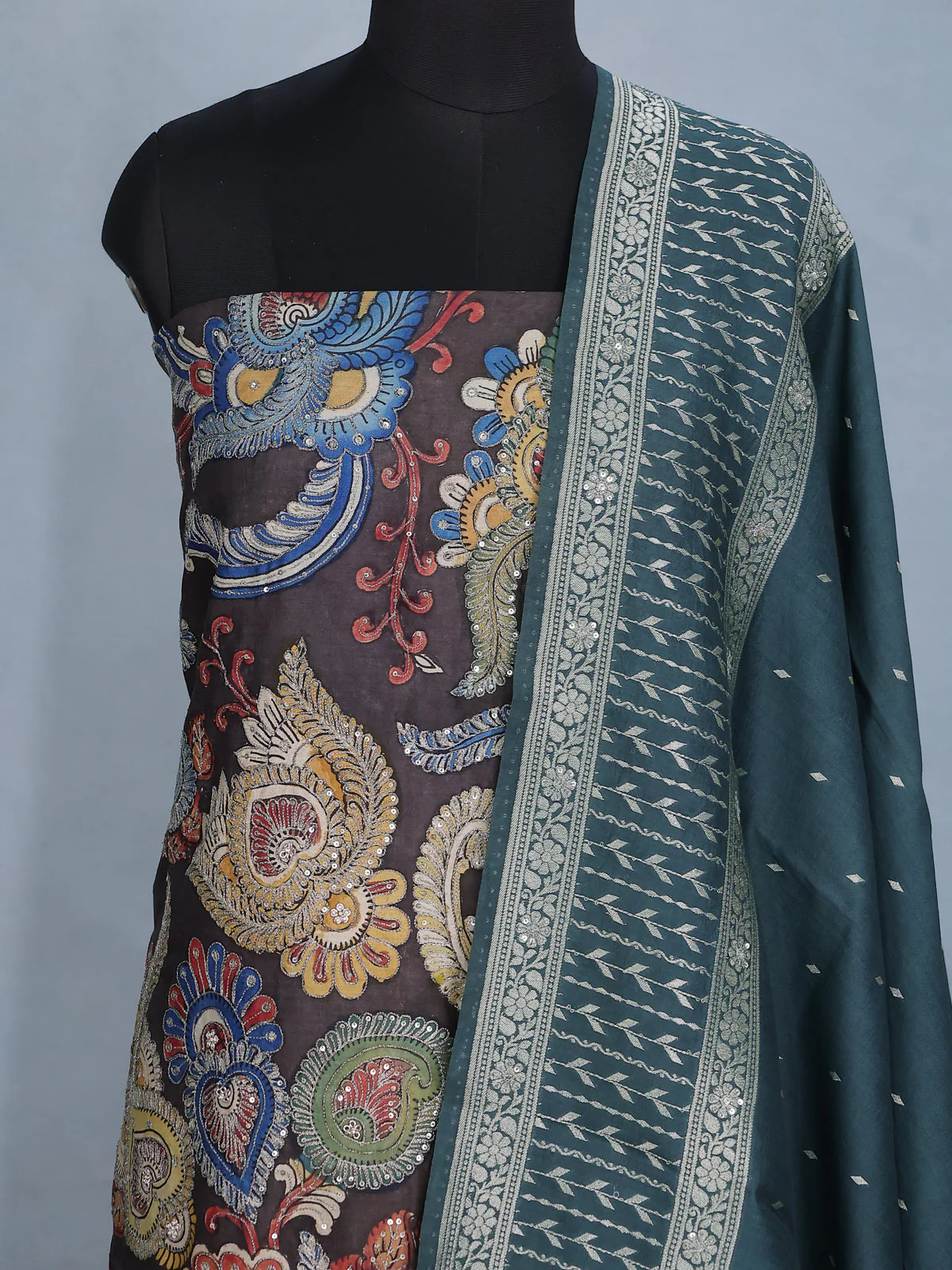Dark Grey Pure Tussar Unstitched Suit with Kalamkari Print - Image 3