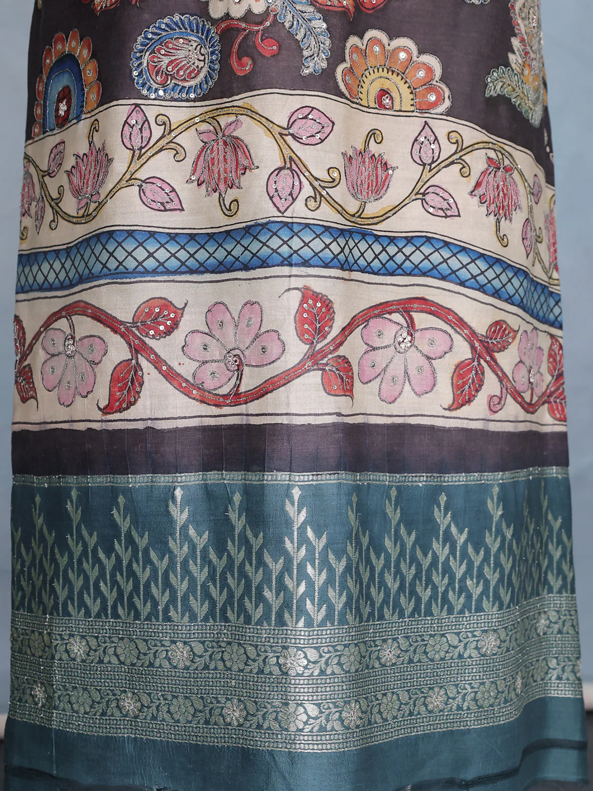 Dark Grey Pure Tussar Unstitched Suit with Kalamkari Print - Image 4