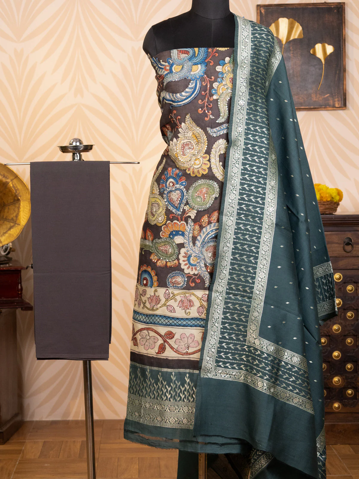 Dark Grey Pure Tussar Unstitched Suit with Kalamkari Print - Image 5