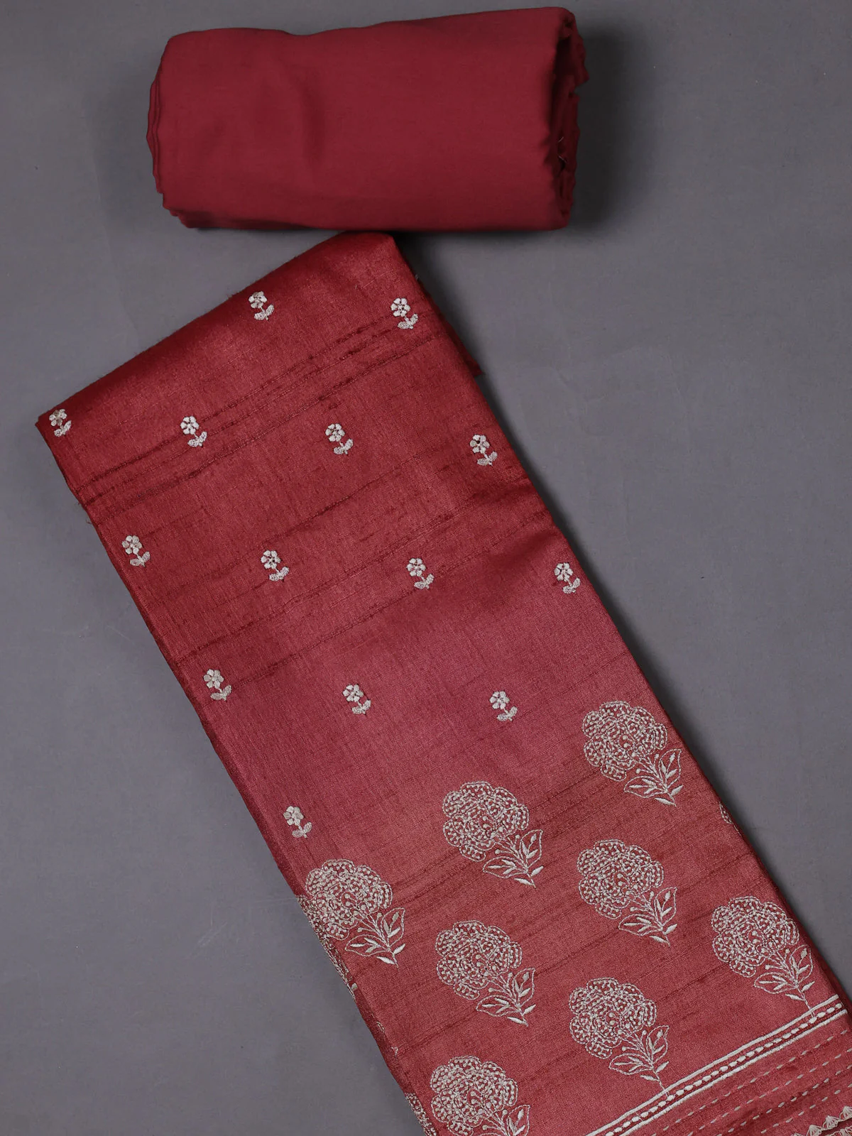 Dark Peach Tussar Silk Unstitched Suit - Image 2