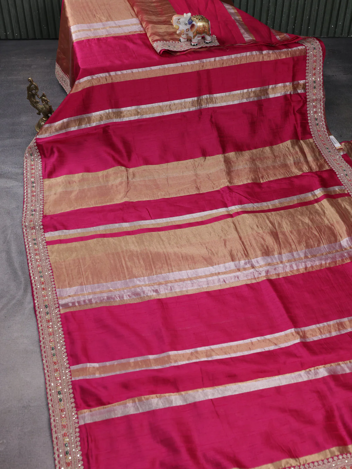 Dark Pink Banarasi Raw Silk With Silk & Gold Stripes & Sequin Work Border - Image 2
