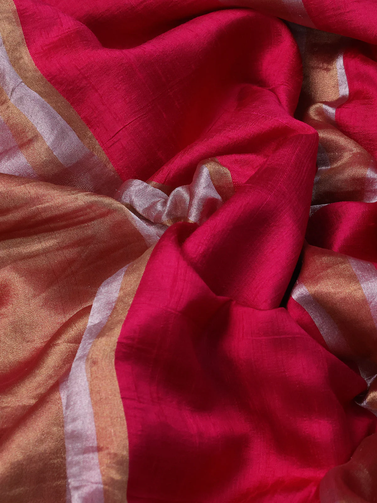 Dark Pink Banarasi Raw Silk With Silk & Gold Stripes & Sequin Work Border - Image 3