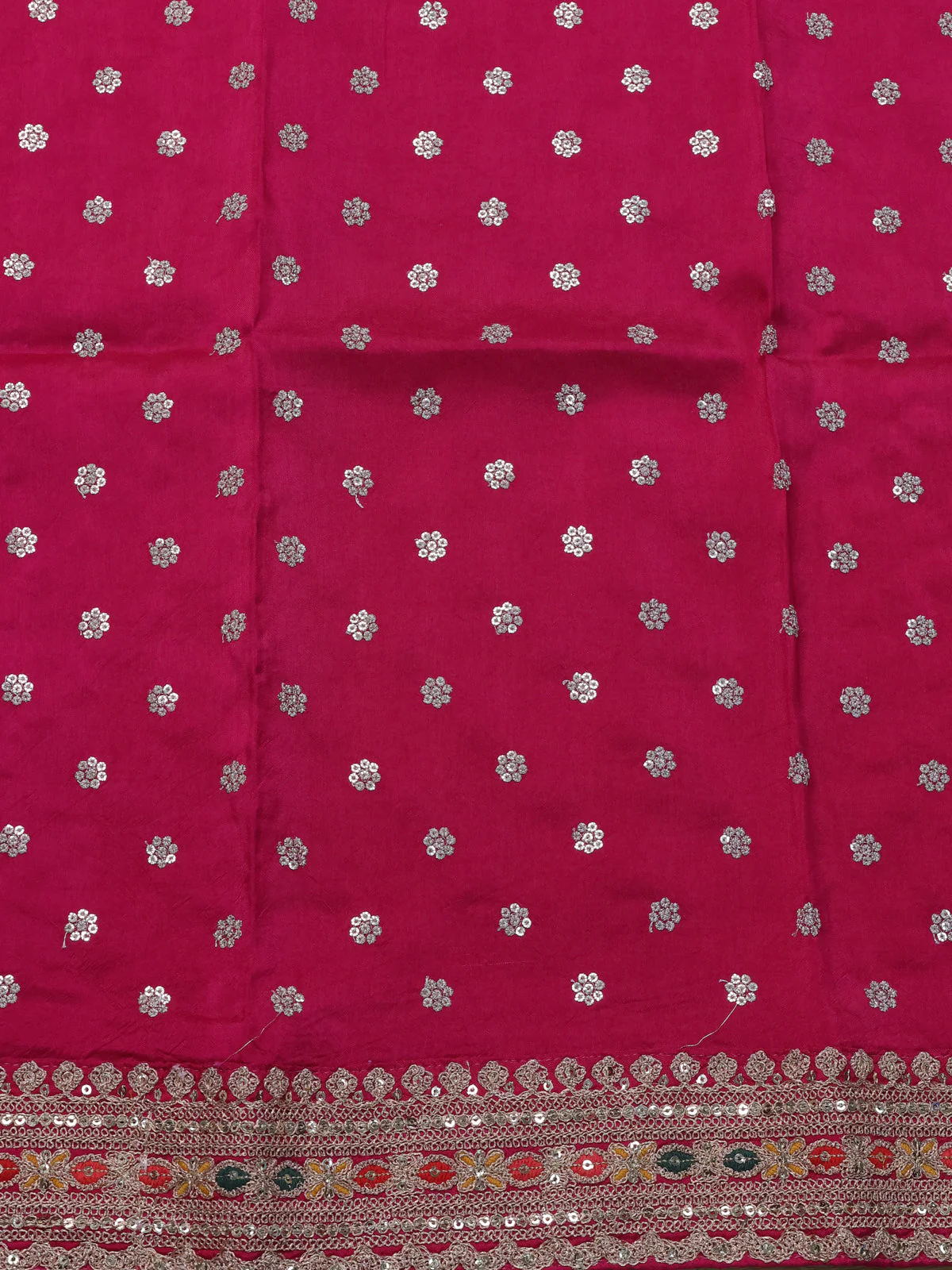 Dark Pink Banarasi Raw Silk With Silk & Gold Stripes & Sequin Work Border - Image 4