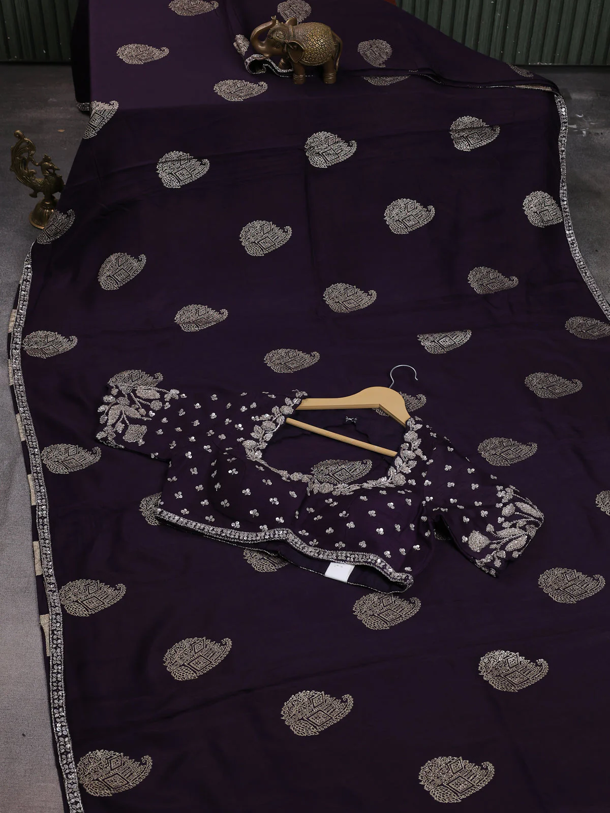 Deep Jamun Banarasi Silk Saree With Embroidered Readymade Blouse