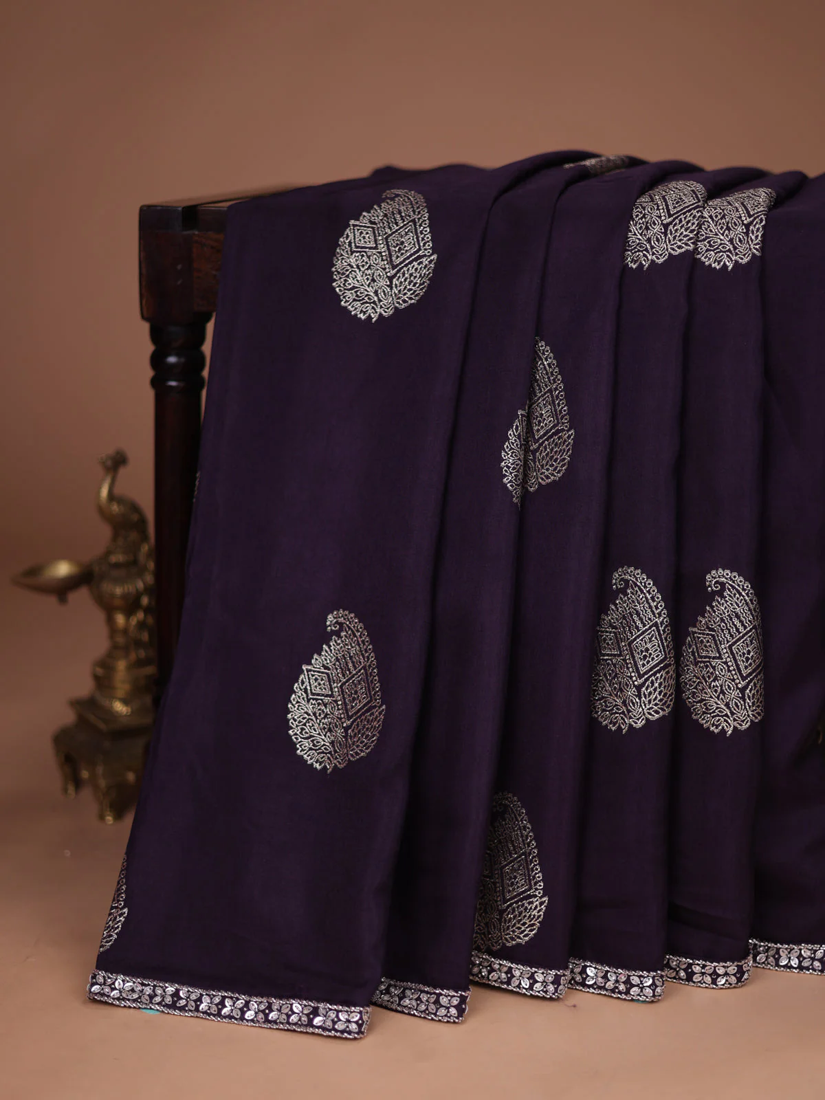 Deep Jamun Banarasi Silk Saree With Embroidered Readymade Blouse - Image 2