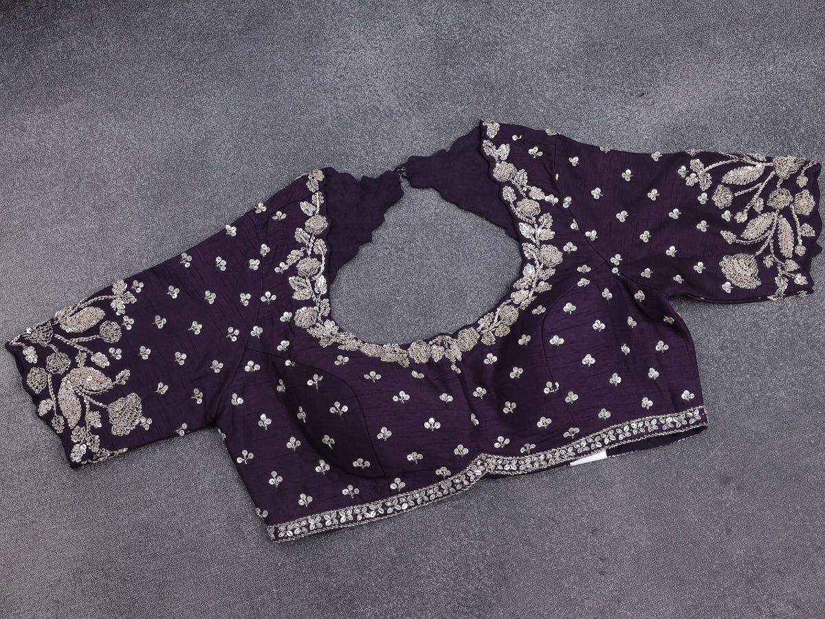 Deep Jamun Banarasi Silk Saree With Embroidered Readymade Blouse - Image 4