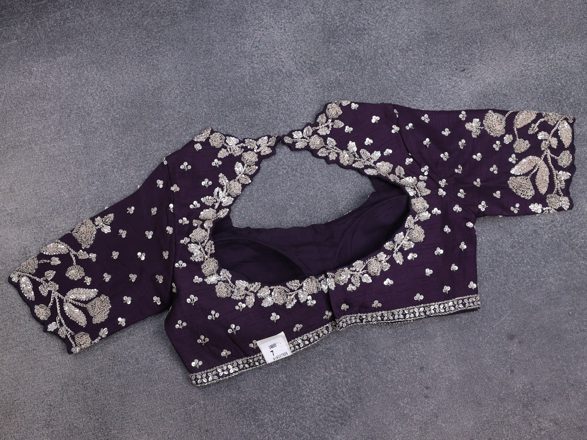 Deep Jamun Banarasi Silk Saree With Embroidered Readymade Blouse - Image 5