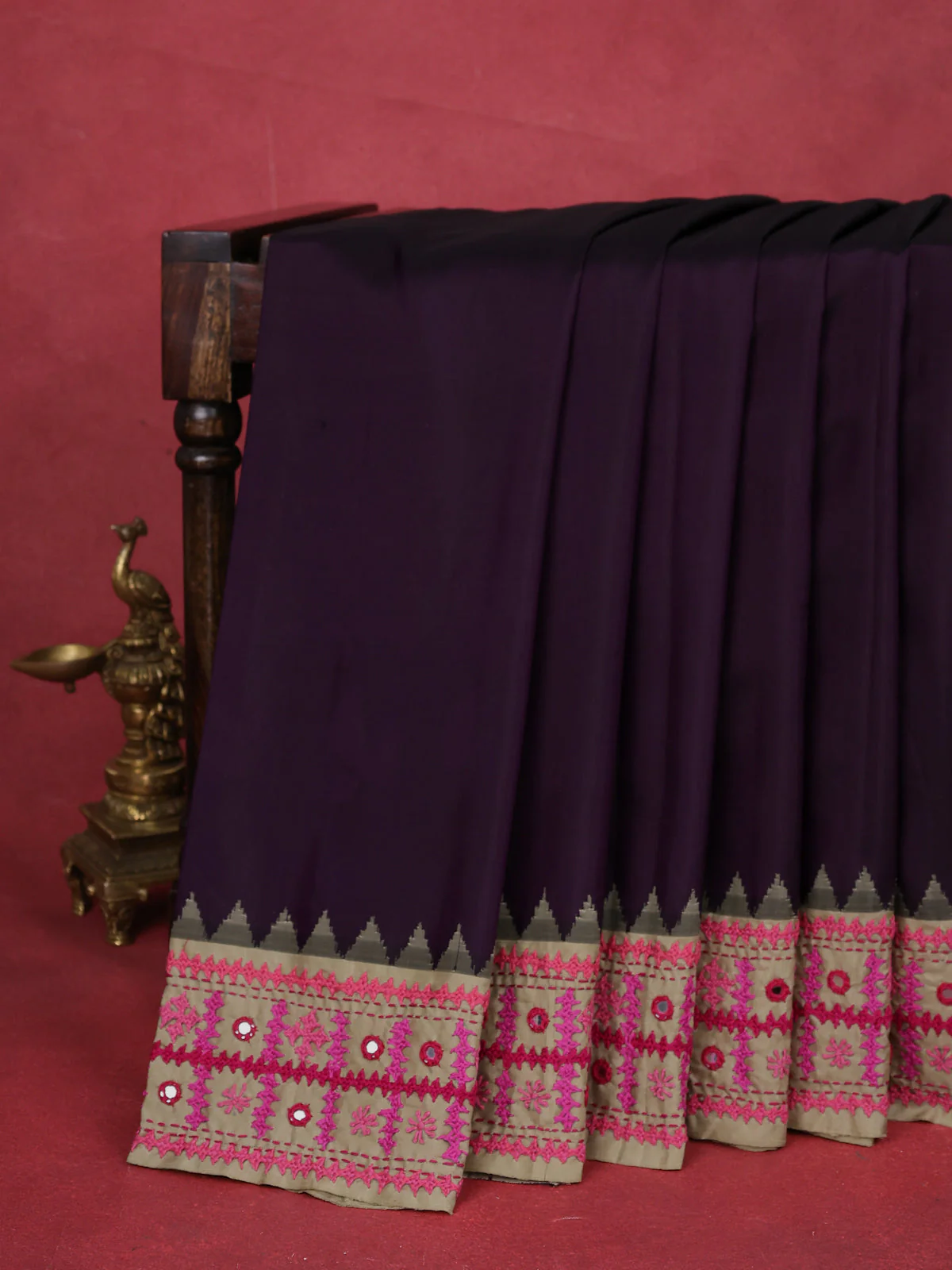 Deep Purple-Beige Pure Silk Saree With Kutch Embroidery