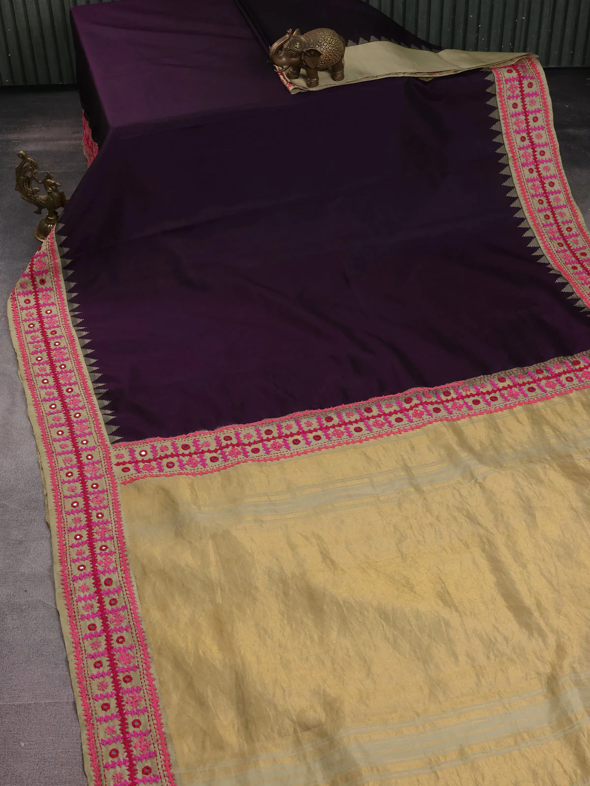 Deep Purple-Beige Pure Silk Saree With Kutch Embroidery - Image 2