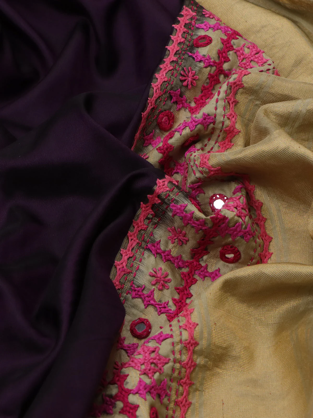 Deep Purple-Beige Pure Silk Saree With Kutch Embroidery - Image 3
