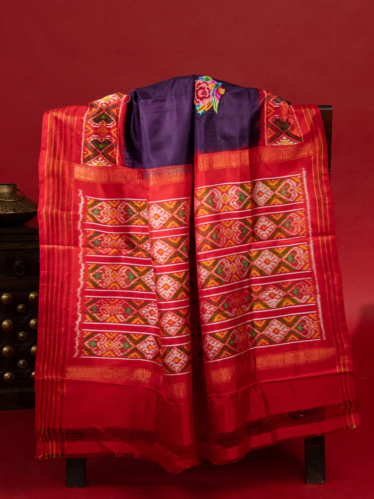 Deep Violet & Red Patan Patola Silk Saree With Petit Point Embroidery - Image 3