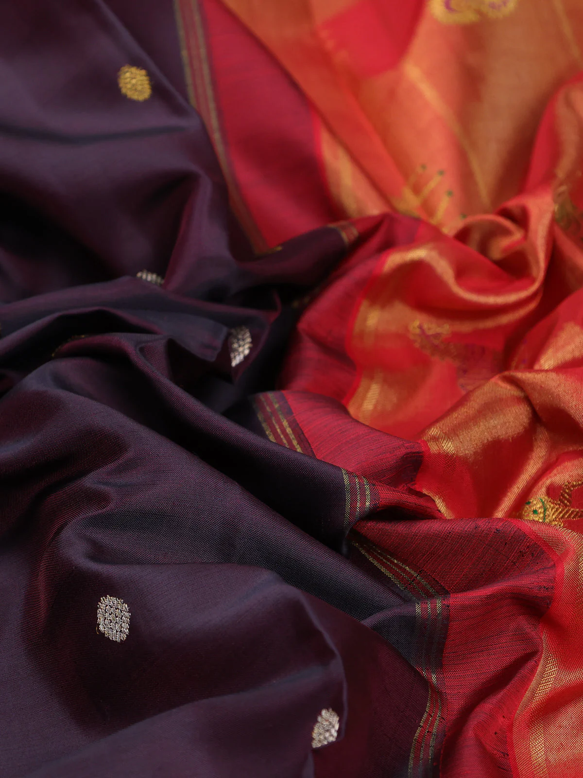 Deep Wine & Red Kanchipuram Silk Saree Witth Golden Zari Buttas And Rich Border - Image 3