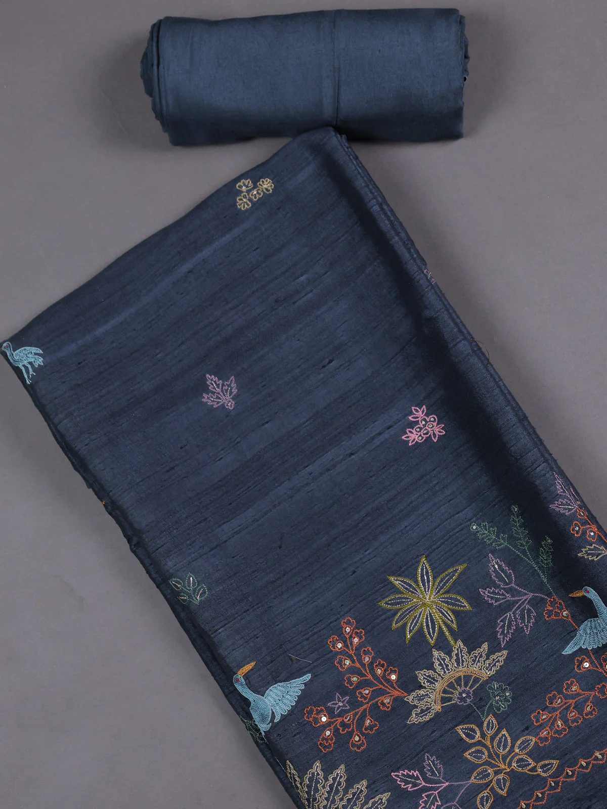 Denim Blue Tussar Silk Unstitched Suit - Image 2