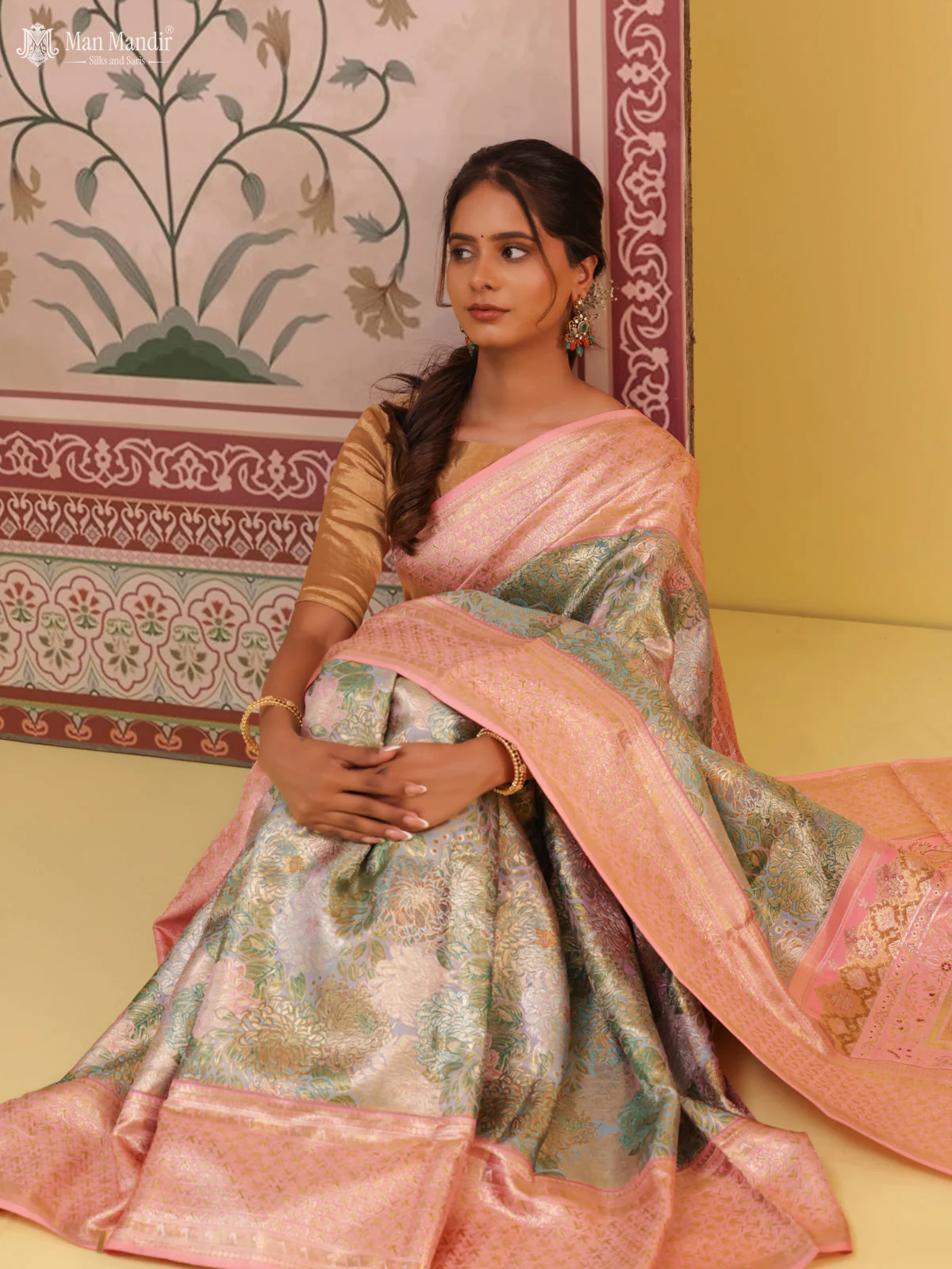 Dual Tone Teal - Peach Pink Kanchipuram Silk Saree