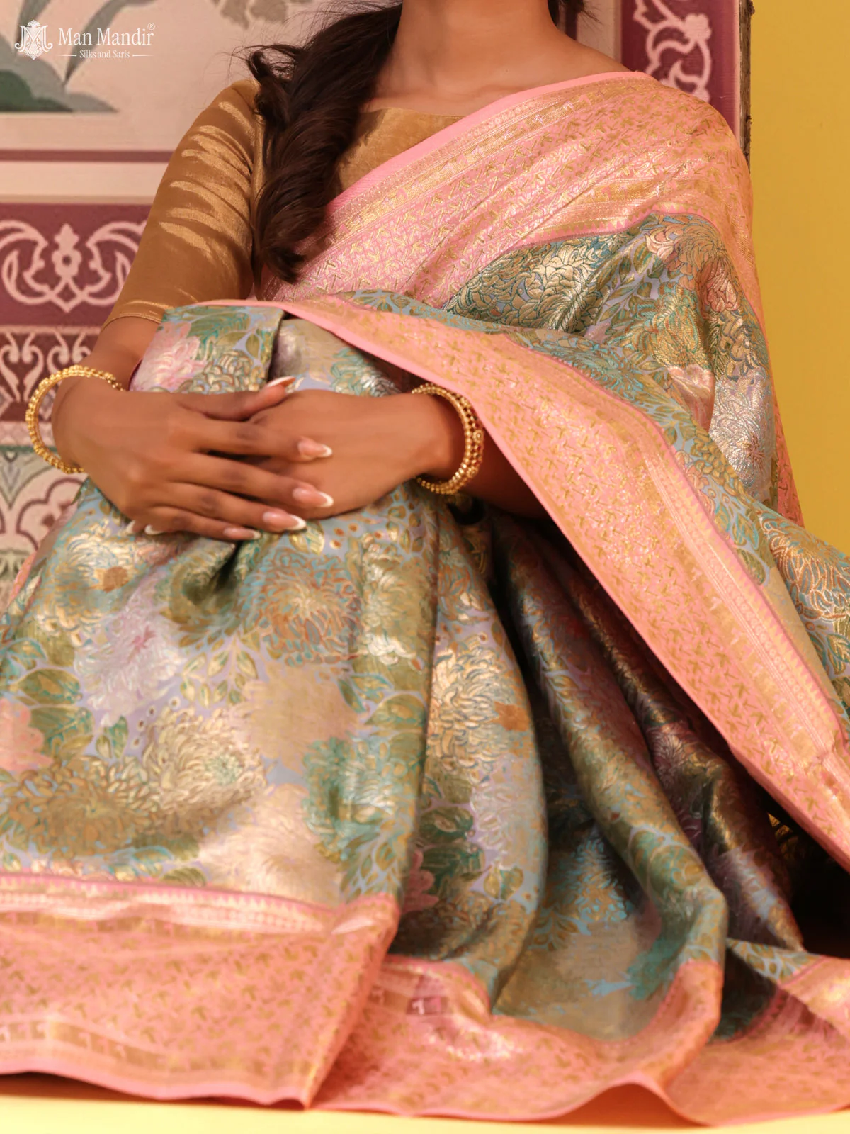 Dual Tone Teal - Peach Pink Kanchipuram Silk Saree - Image 2