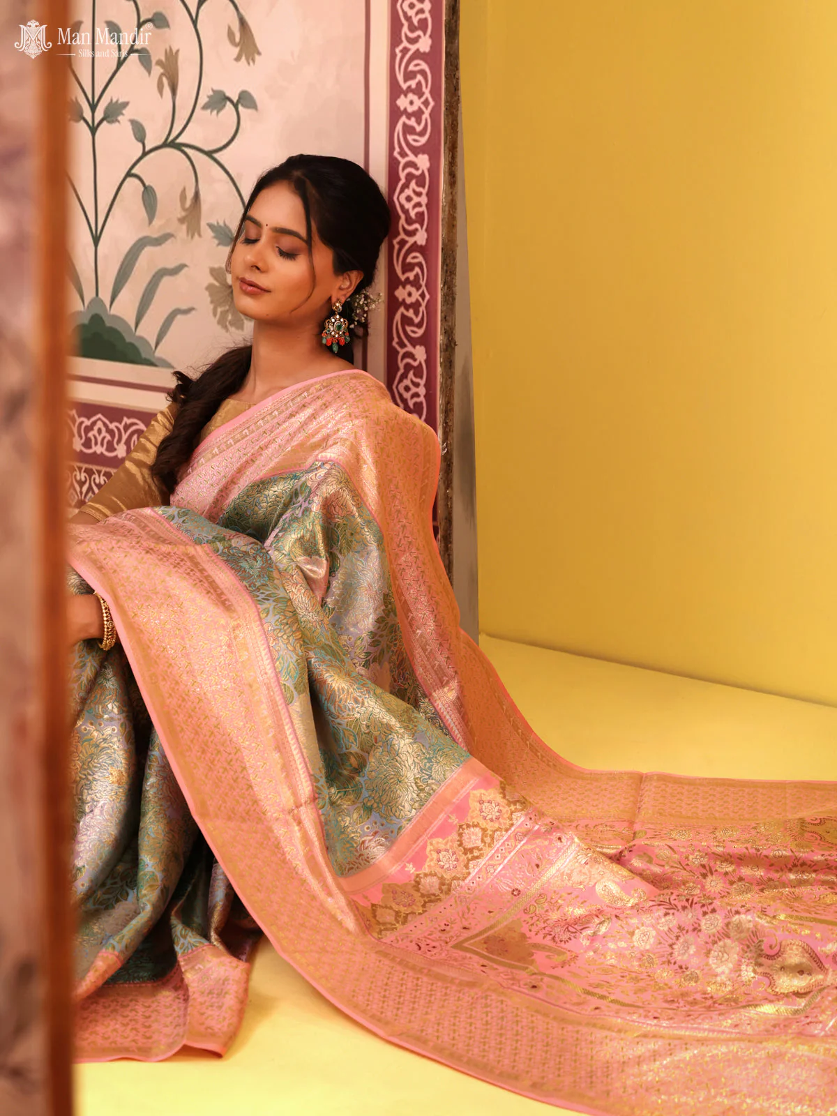 Dual Tone Teal - Peach Pink Kanchipuram Silk Saree - Image 3