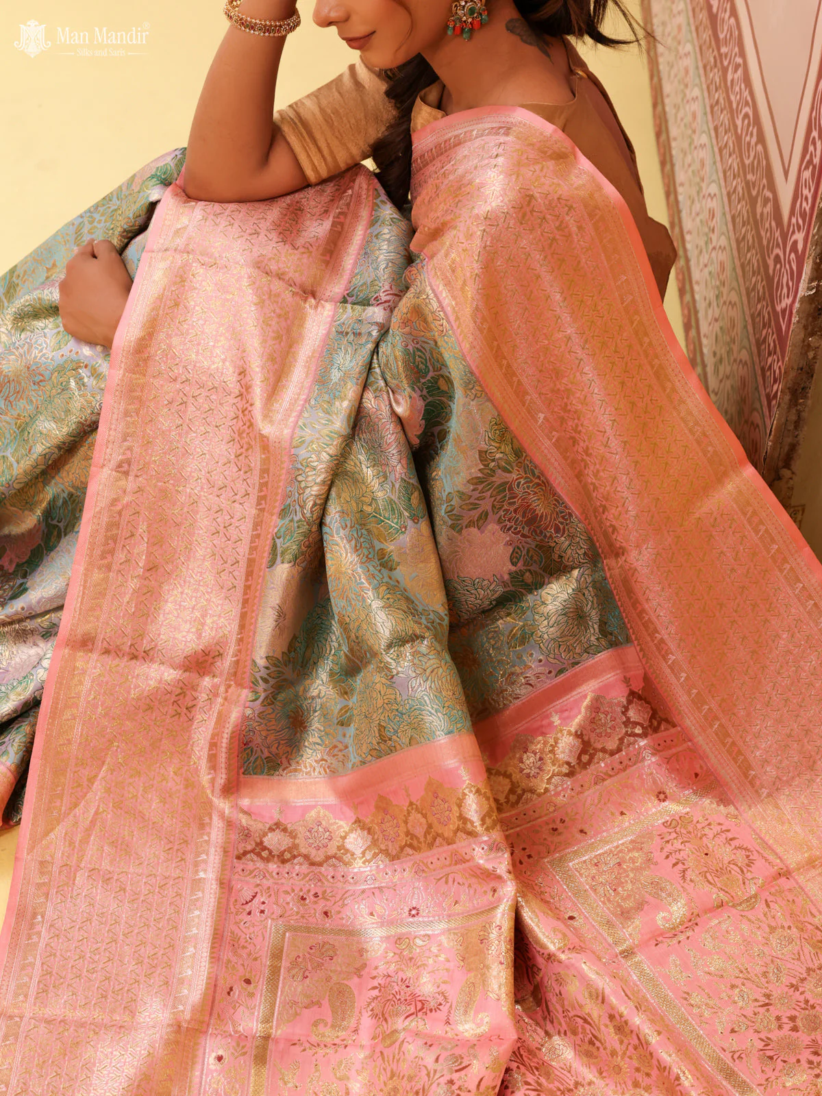 Dual Tone Teal - Peach Pink Kanchipuram Silk Saree - Image 4