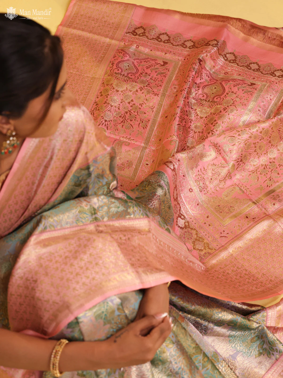 Dual Tone Teal - Peach Pink Kanchipuram Silk Saree - Image 5