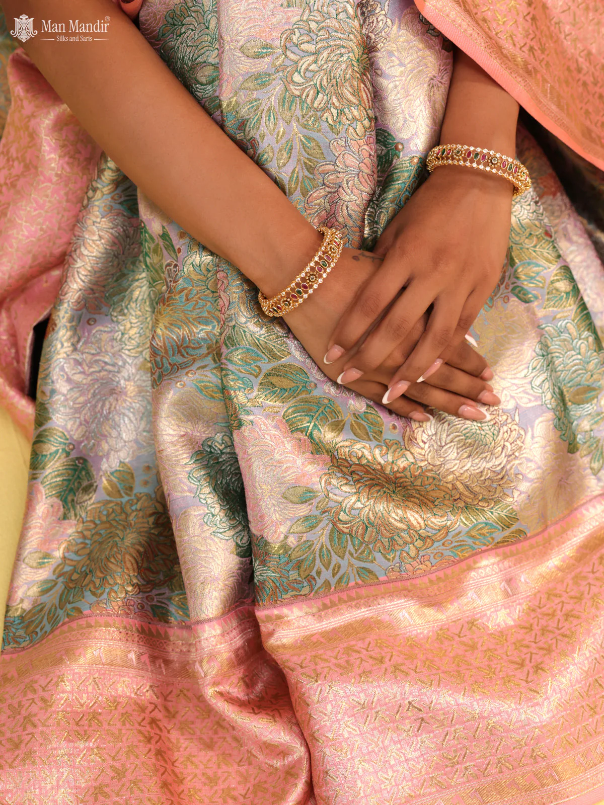 Dual Tone Teal - Peach Pink Kanchipuram Silk Saree - Image 6
