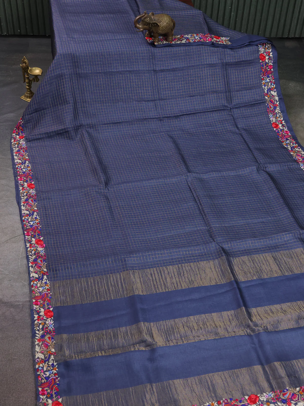 Dusty Blue Tussar Silk Saree - Image 2