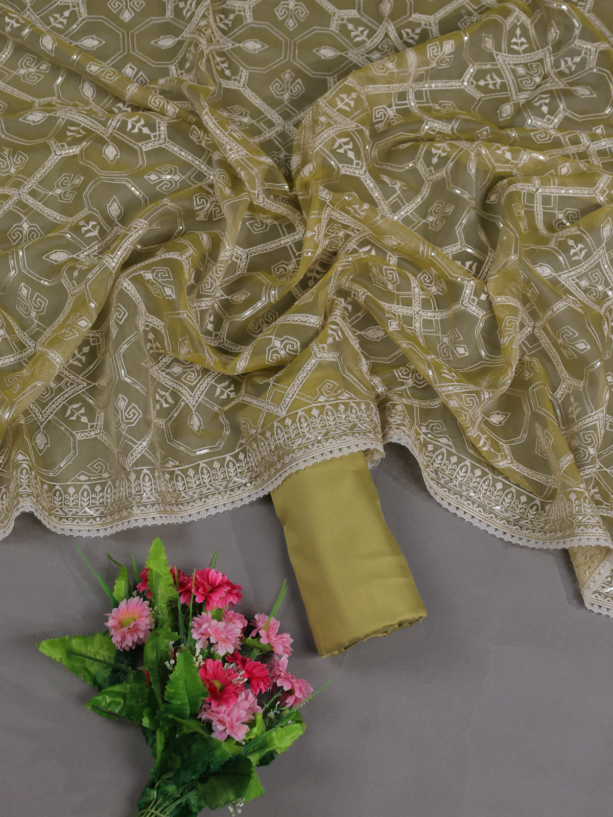 Elaichi Green Mul Chanderi Semi Stitched Suit - Image 2