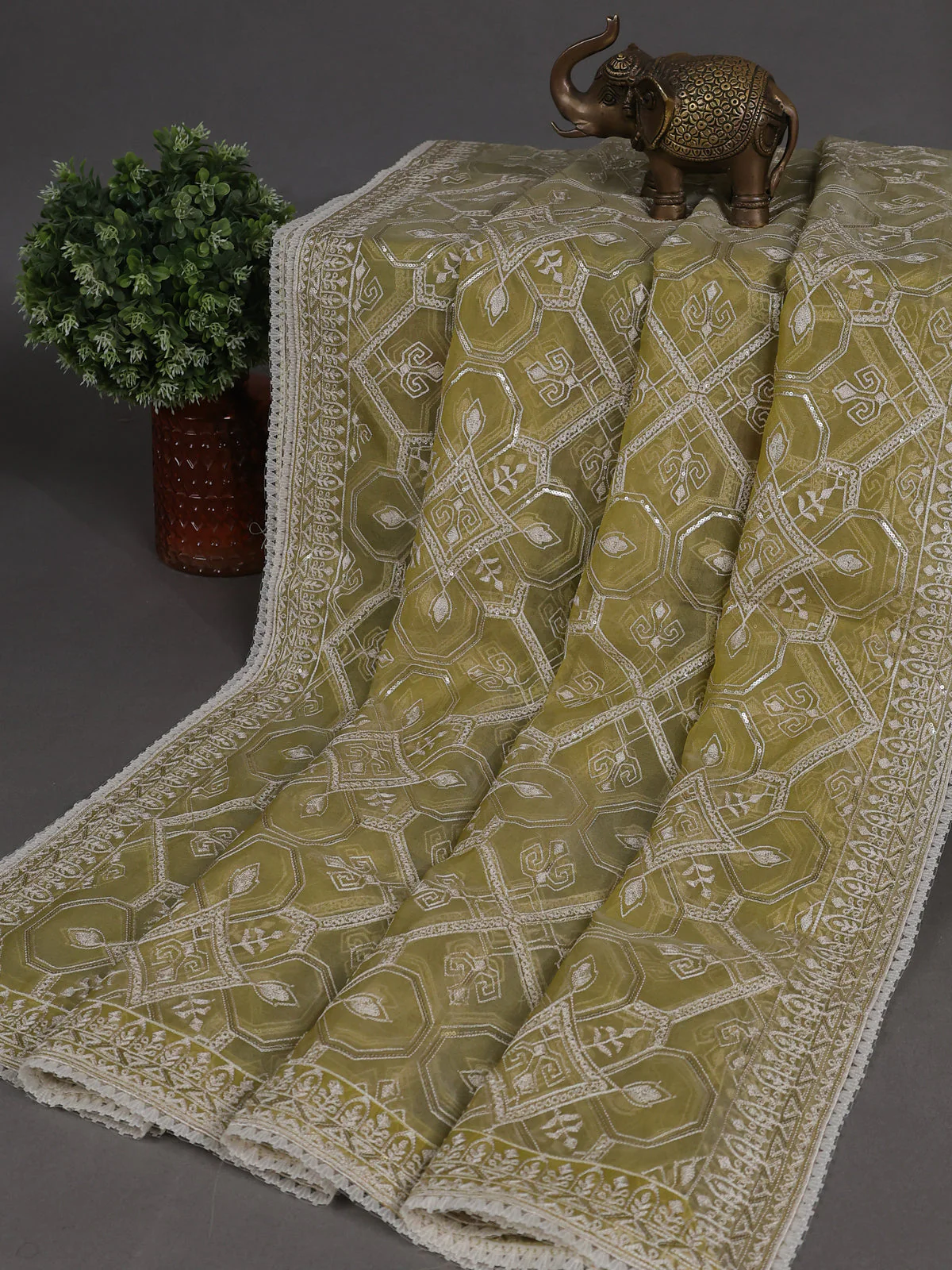 Elaichi Green Mul Chanderi Semi Stitched Suit - Image 3