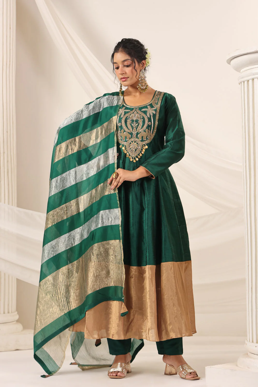 Emerald Green Raw Silk Anarkali Salwar Suit With Heavy Embroidery & Rich Duaptta - Image 11