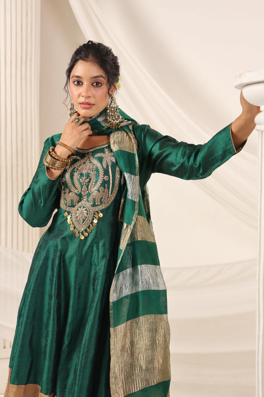 Emerald Green Raw Silk Anarkali Salwar Suit With Heavy Embroidery & Rich Duaptta - Image 12