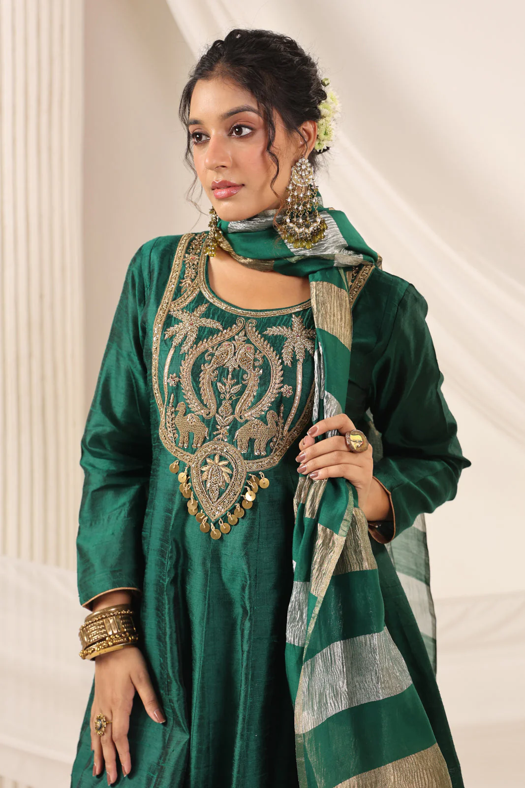 Emerald Green Raw Silk Anarkali Salwar Suit With Heavy Embroidery & Rich Duaptta - Image 13
