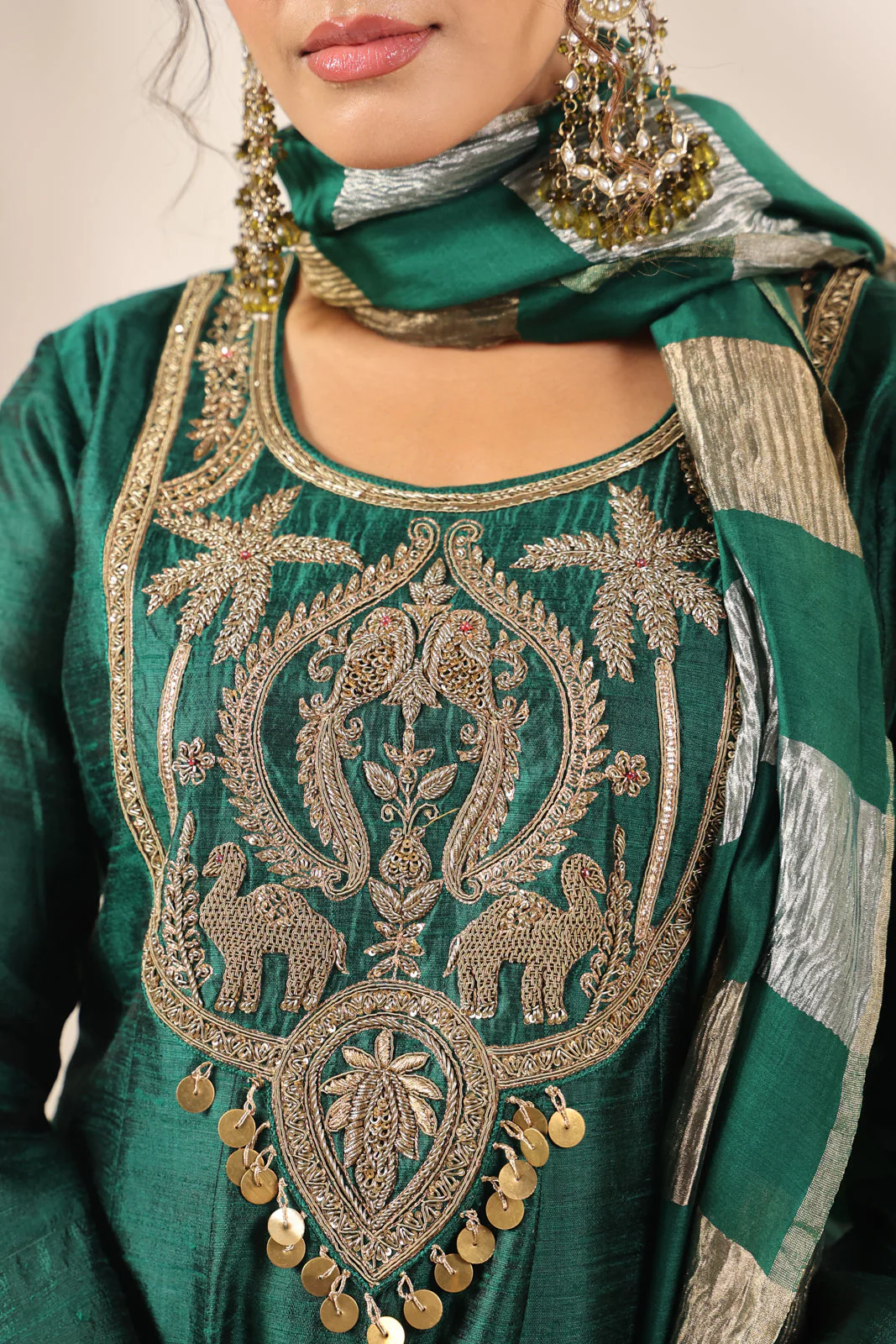 Emerald Green Raw Silk Anarkali Salwar Suit With Heavy Embroidery & Rich Duaptta - Image 14