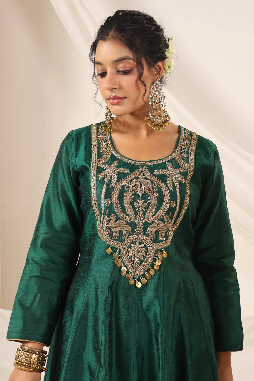 Emerald Green Raw Silk Anarkali Salwar Suit With Heavy Embroidery & Rich Duaptta - Image 17